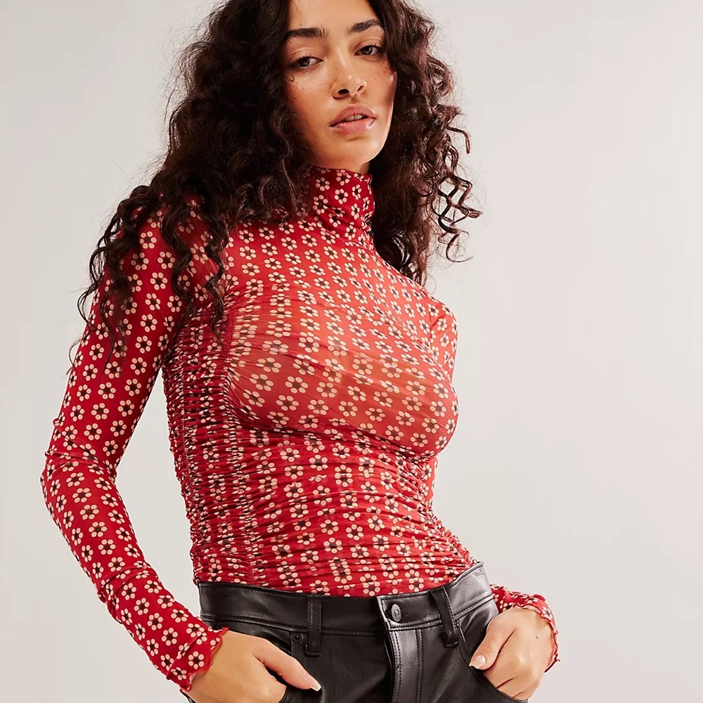 Free People Under It All Printed Mesh Bodysuit in Cherry Combo